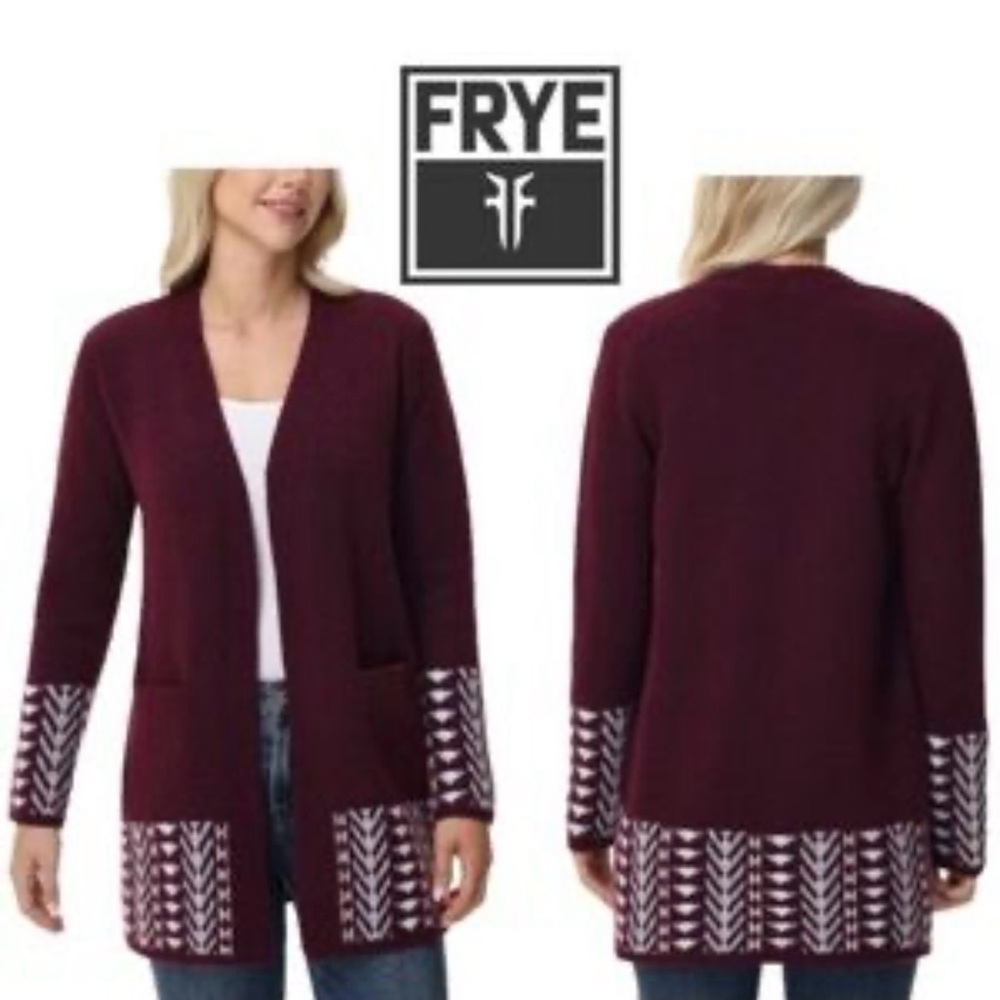 FRYE The Cozy Cardigan with Border Pattern Open Front Sweater Red Maroon Stretch